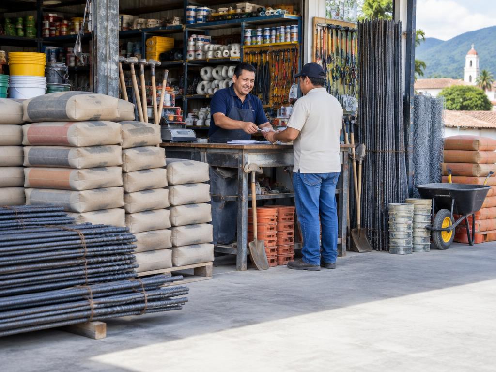 Atención a un cliente en una ferretería con cemento y materiales de construcción