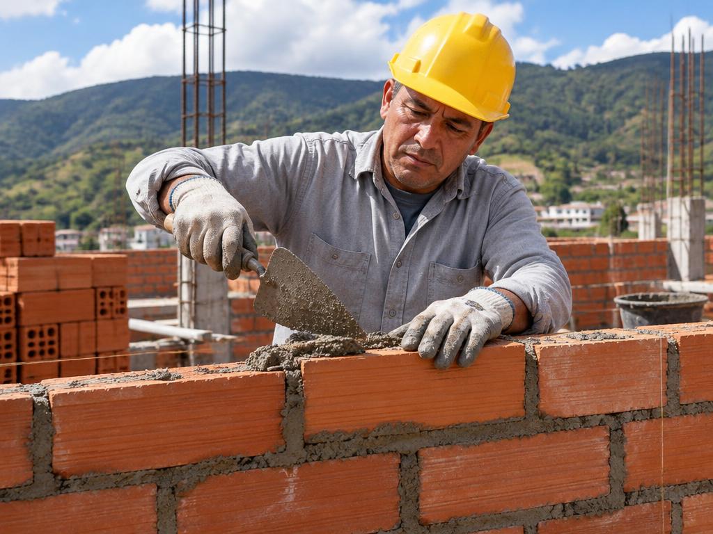 Maestro de obra construyendo un muro de ladrillo